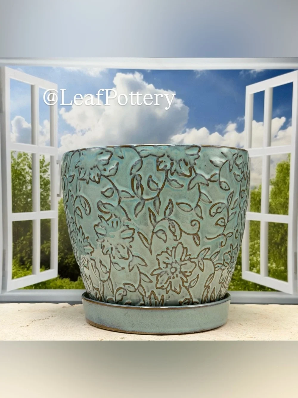 Embossed Floral Ceramic Planter with Saucer & Drainage | 6 Inch Light Blue